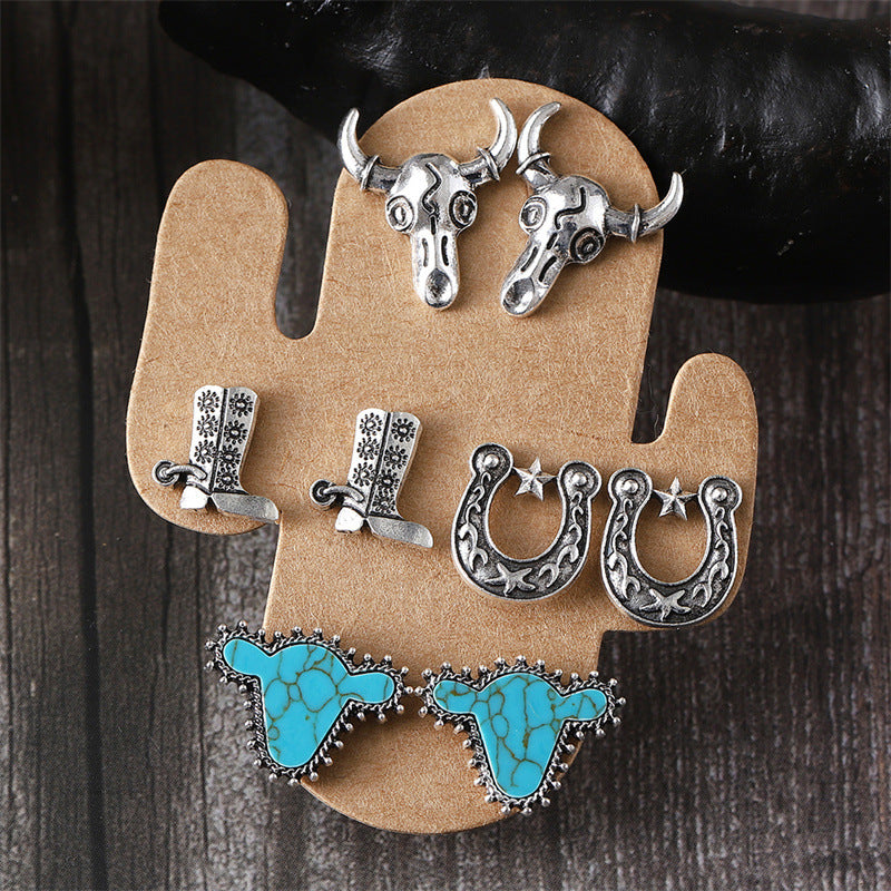 Wholesale Ox-head and horseshoe riding boots 4 pairs of earrings set